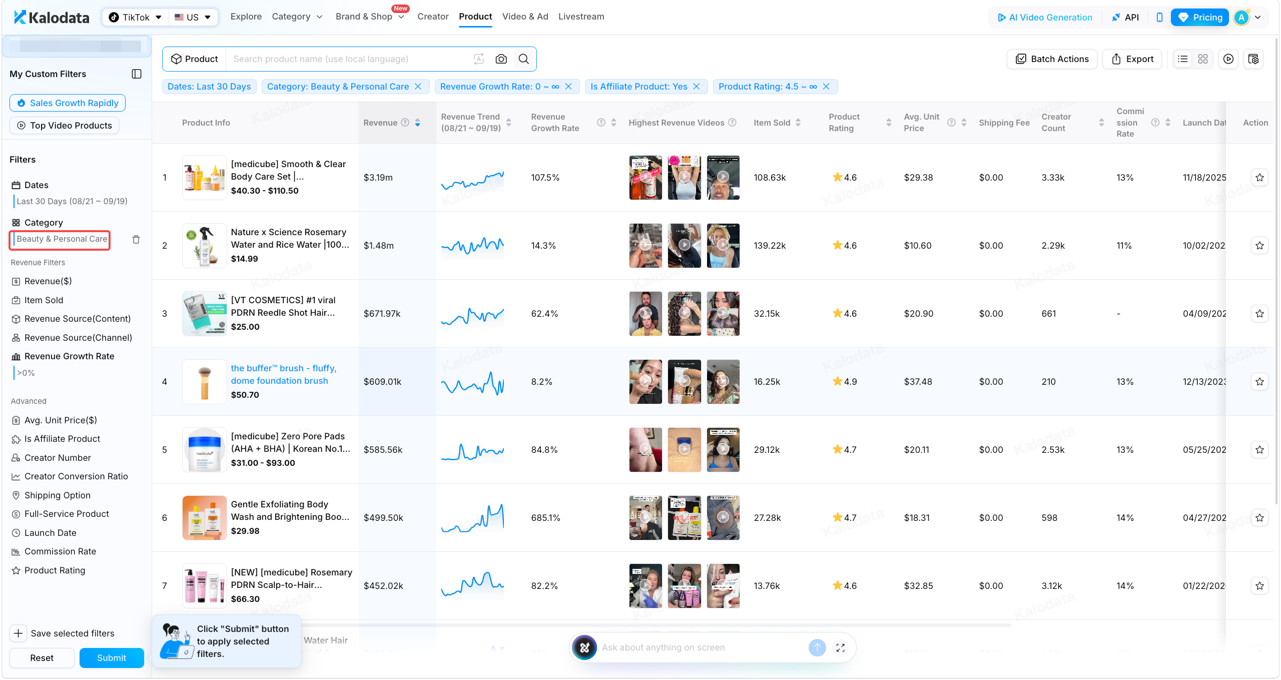 Kalodata Product Analyze showing Beauty & Personal Care products in the US market