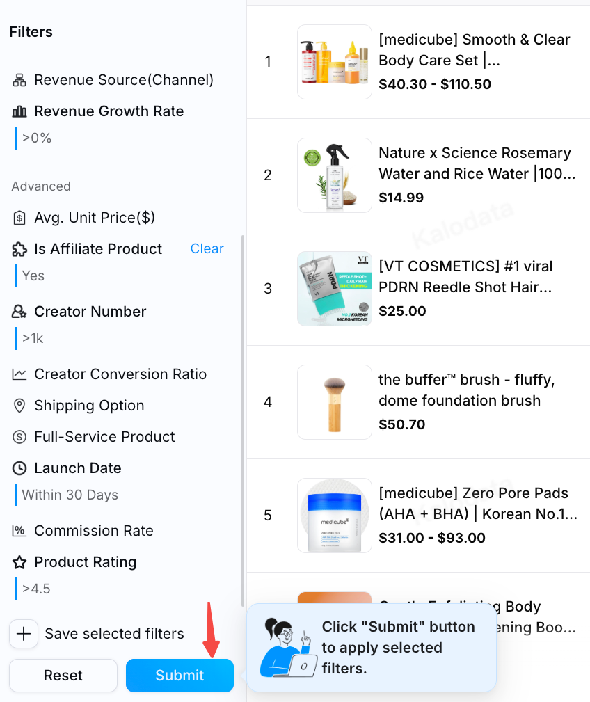 Product Analyze filter panel with Is Affiliate Product selected and Submit highlighted